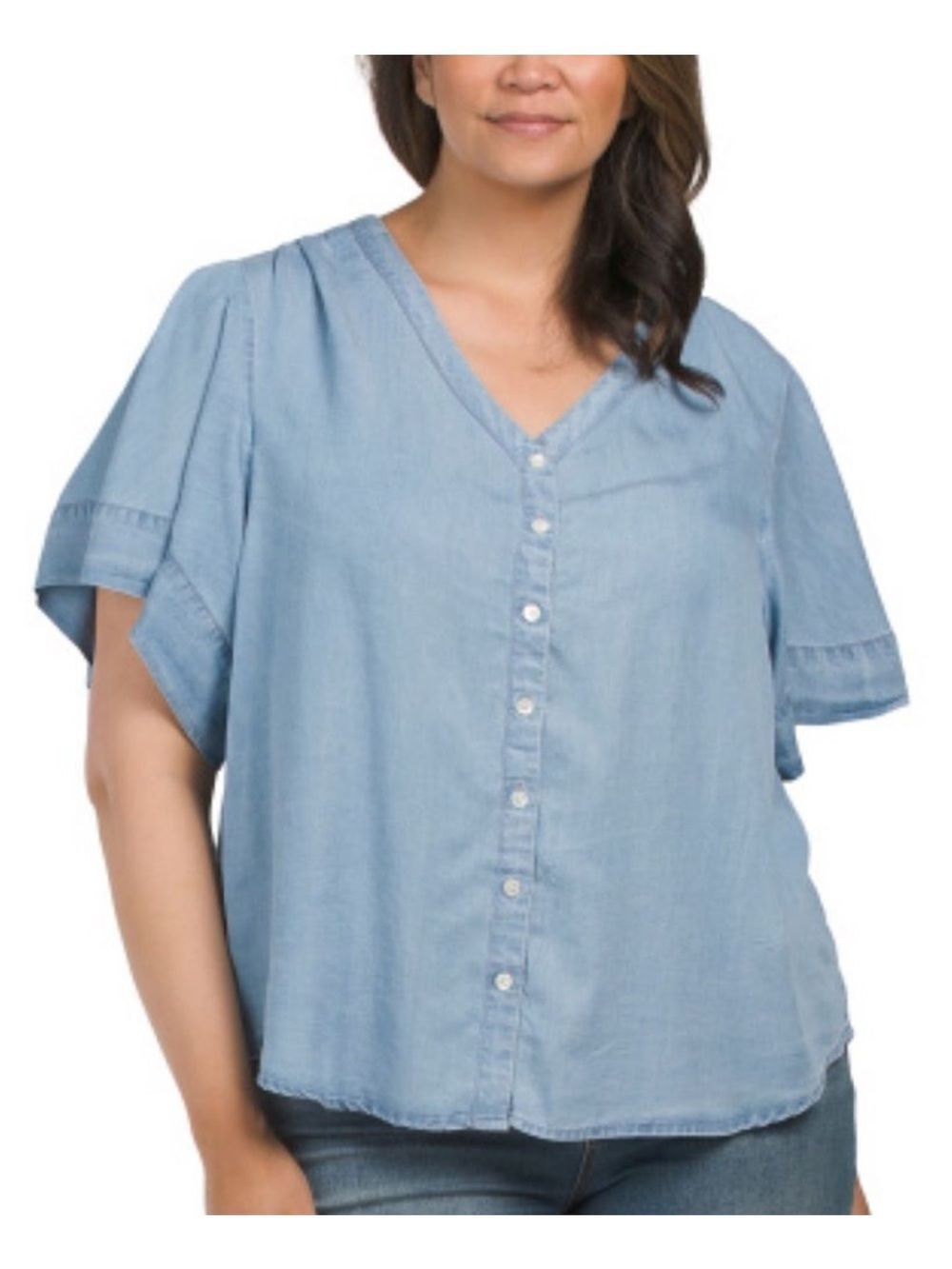 Workshop 1X Chambray Blue Button Front V-Neck Short Flutter Sleeve Top